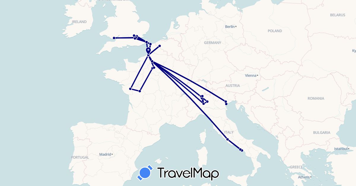 TravelMap itinerary: driving in Belgium, Switzerland, France, United Kingdom, Italy (Europe)